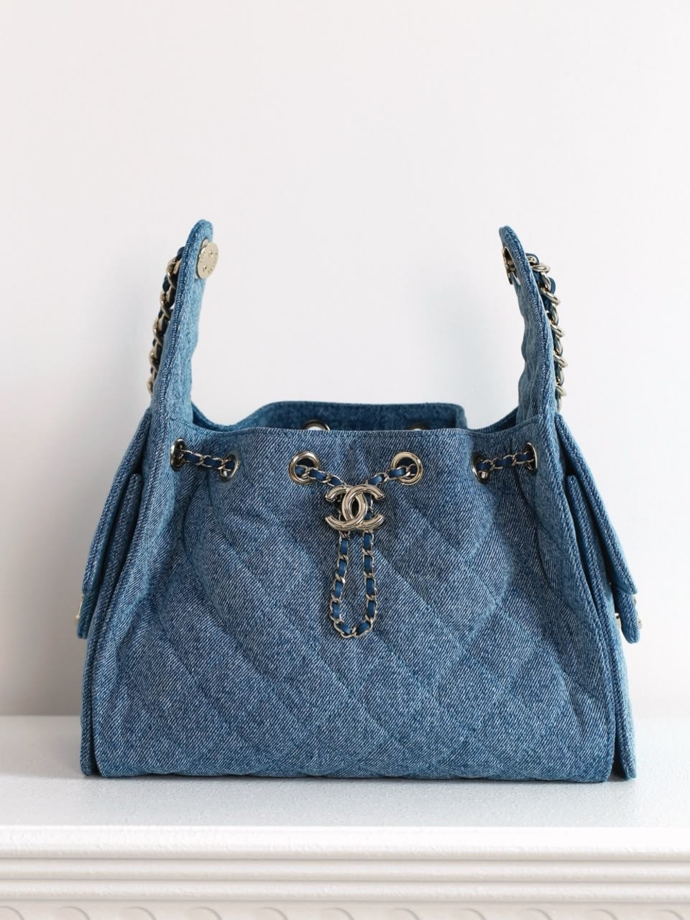 Chanel Blue Denim Quilted Drawstring Tote